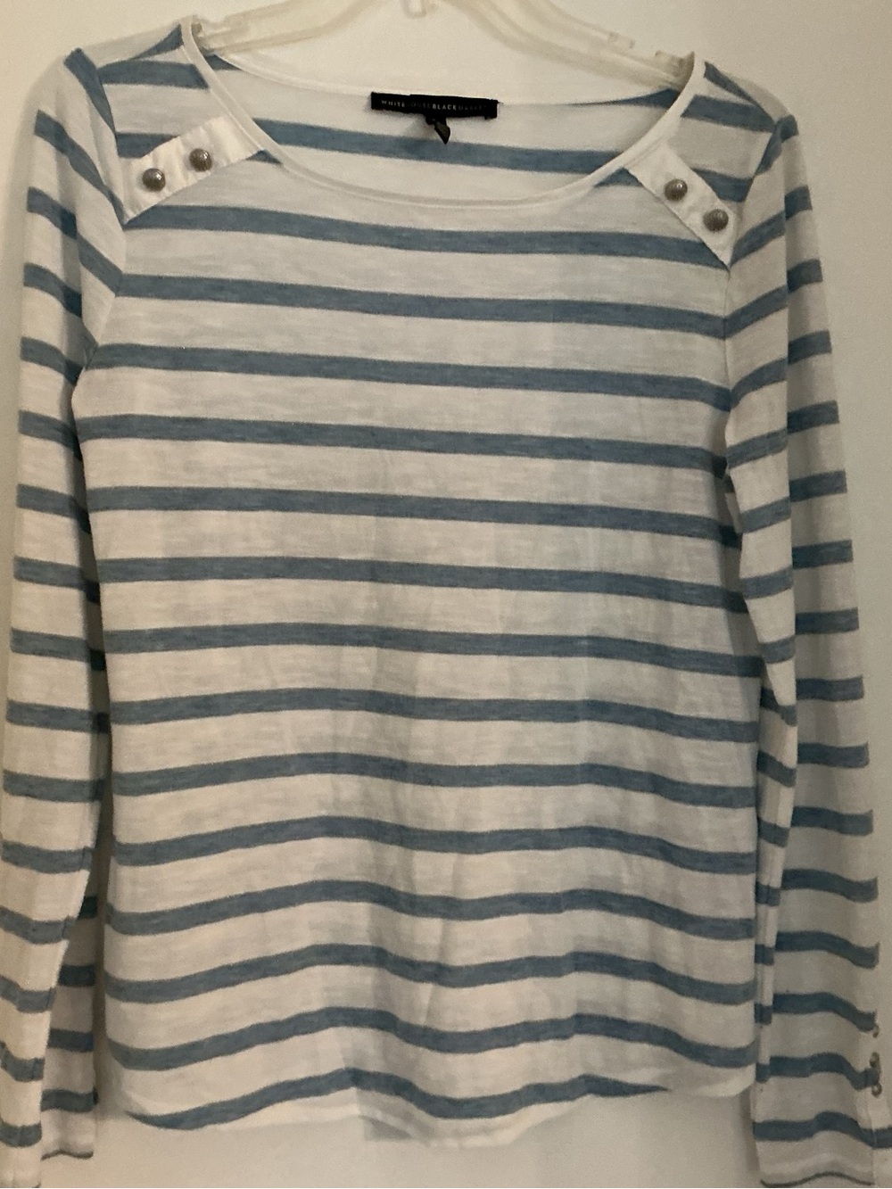 White House Black Market Blue & White Striped Boatneck Top with Shoulder Buttons
